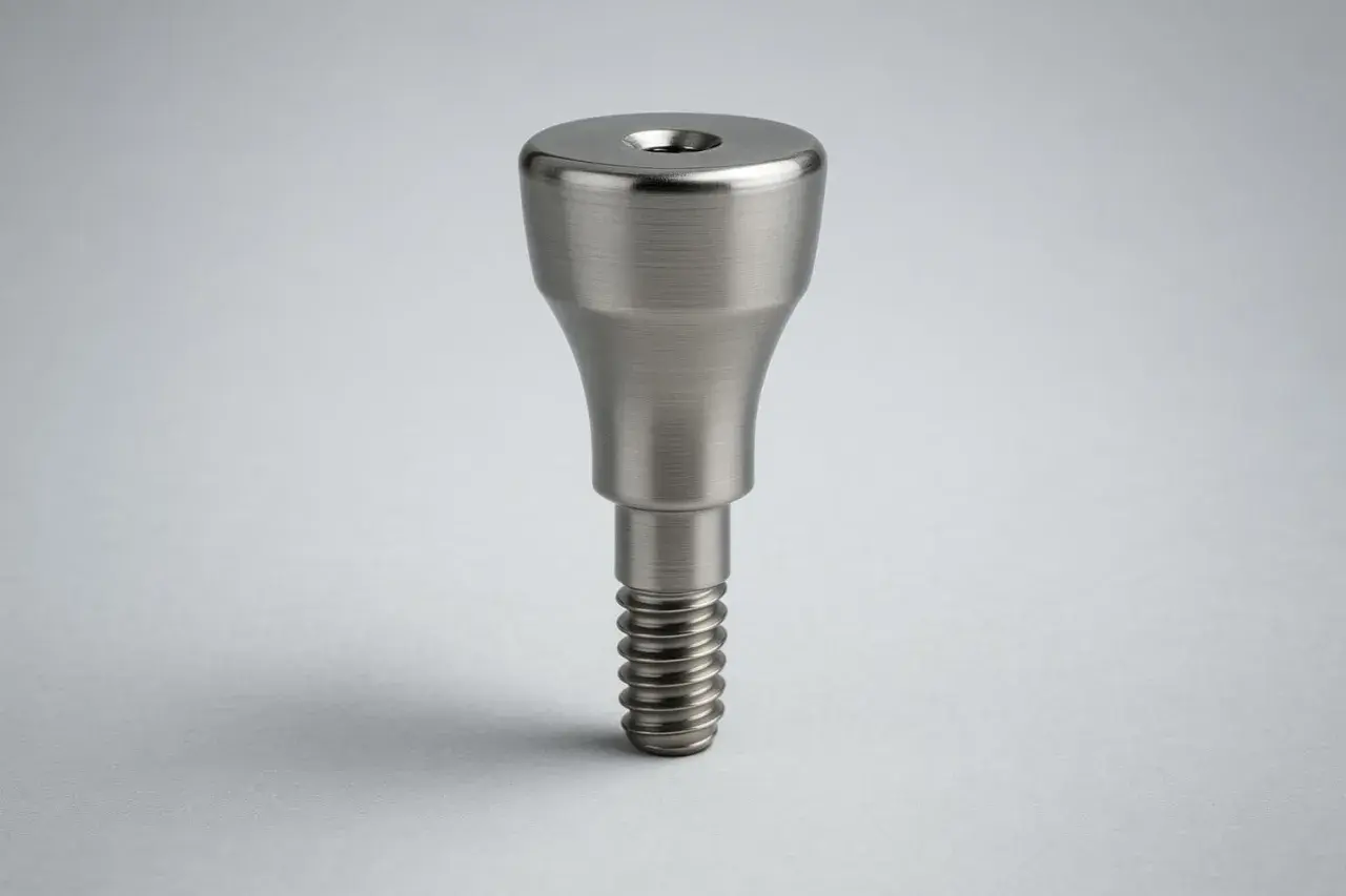 Metalowa śruba gojąca implant, z gwintem i zaokrąglonym, gładkim zakończeniem, gotowa do pracy.