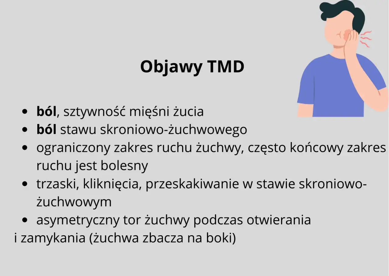 Objawy TMD: ból i sztywność mięśni żucia, ból stawu skroniowo-żuchwowego, ograniczenia ruchu, trzaski, kliknięcia.