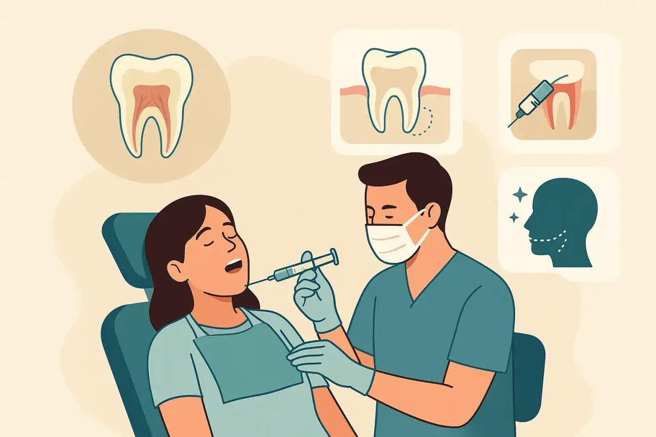 Dentysta podaje znieczulenie artykainą pacjentce. W tle ikony zębów i profilu twarzy.
