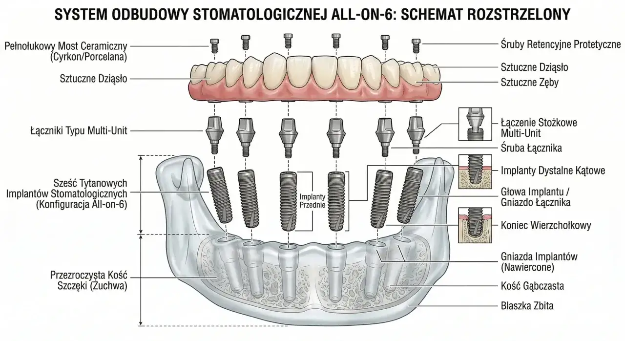Schemat systemu all-on-6: sześć implantów tytanowych w kości szczęki, łączniki Multi-Unit i pełny łuk ceramicznych zębów.