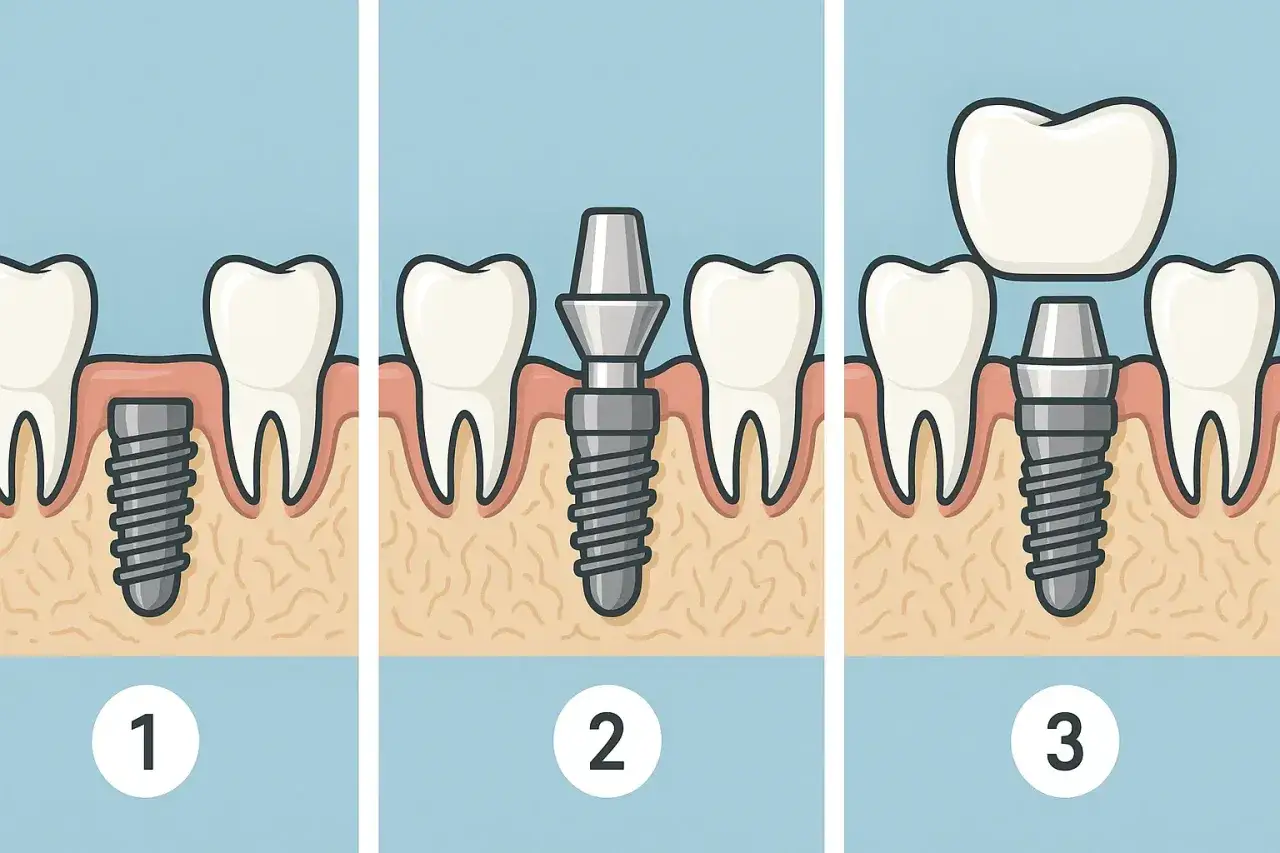 Etap 1: implant w kości. Etap 2: śruba gojąca implant. Etap 3: korona na implancie.