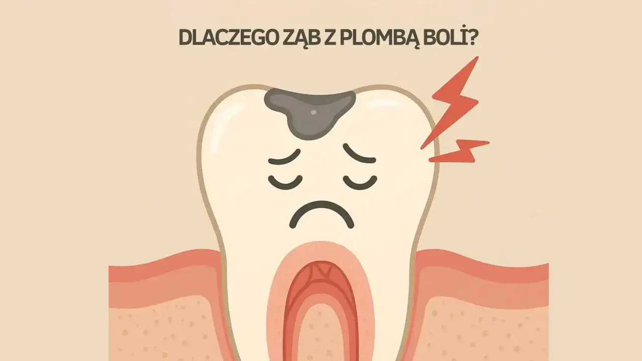 Smutny ząb z plombą i czerwonymi piorunami symbolizującymi ból zęba po plombowaniu.