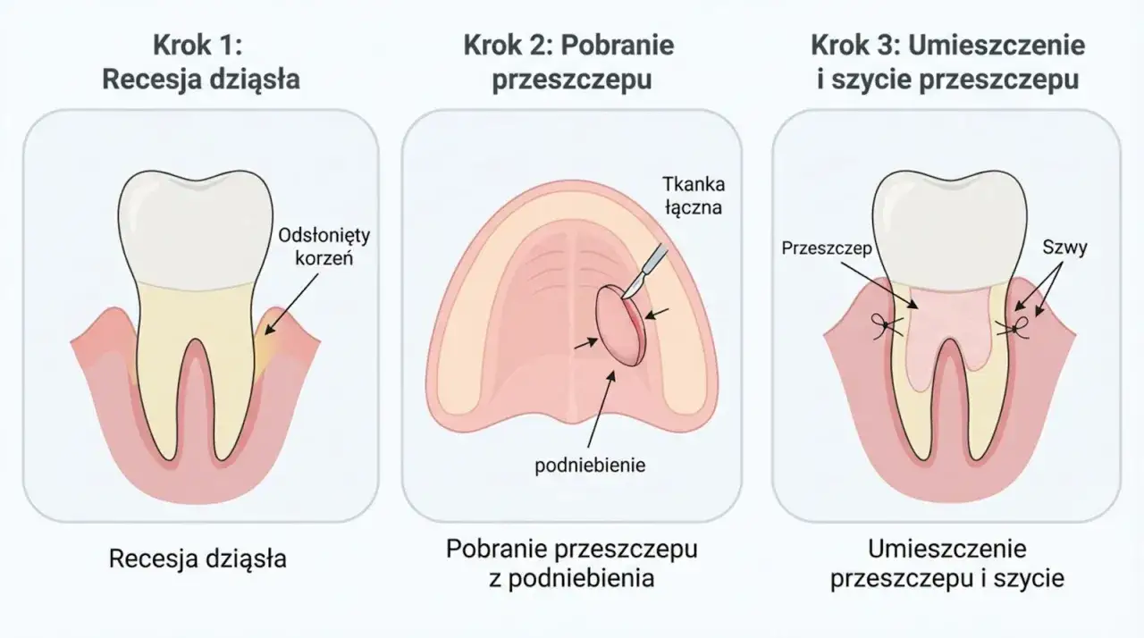 Ilustracja pokazuje etapy zabiegu: recesja dziąsła, pobranie przeszczepu z podniebienia i umieszczenie go z szyciem.