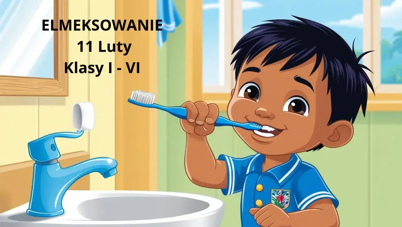 Chłopiec myje zęby, przygotowując się na fluoryzację w szkole. Dba o higienę jamy ustnej.