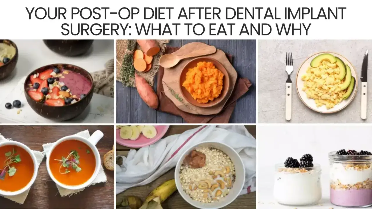 Jadłospis po wszczepieniu implantu: smoothie bowl, puree z batatów, jajecznica, zupa pomidorowa, owsianka, jogurt z owocami.
