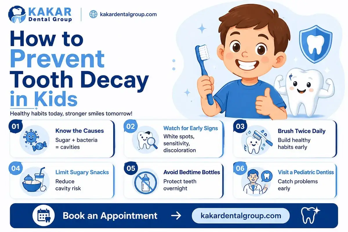 Chroń zęby dziecka przed próchnicą! Poradnik Kakar Dental Group: poznaj przyczyny, obserwuj objawy, szczotkuj dwa razy dziennie, ogranicz słodycze.